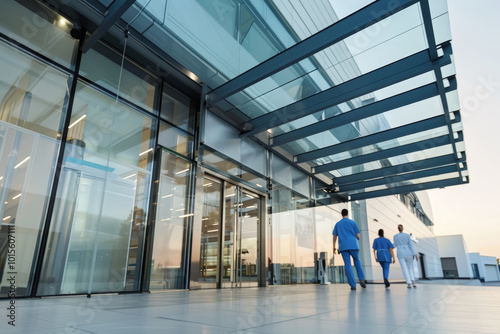 The modern entrance of a city hospital featuring glass doors, a canopy, and healthcare staff entering. A professional and clean architectural design that serves as a vital healthcare facility.