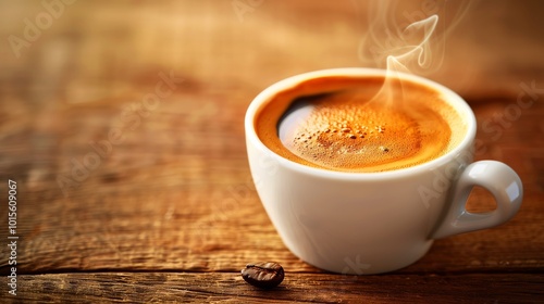 Steaming hot espresso coffee in a white cup on a rustic wooden table, perfect for morning beverage and cafe themes.