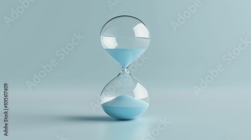 Hourglass with blue sand on a soft blue background, symbolizing the passage of time and life s fleeting moments, emphasizing the importance of time management and reflection