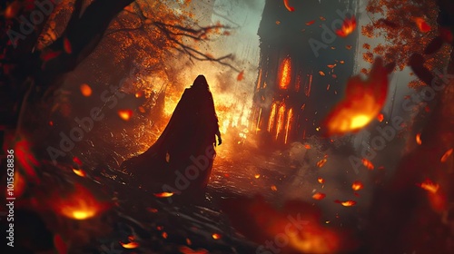 A mysterious figure stands amidst a fiery landscape, surrounded by glowing embers and a haunting atmosphere, evoking suspense and intrigue.