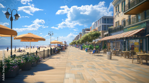 A beach with a scenic boardwalk, lined with shops and cafes.