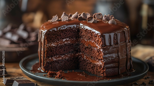 A decadent three-layer chocolate cake coated in glossy ganache, topped with chocolate chips. The moist chocolate interior and rich frosting make this a dessert lover’s dream.