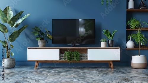 Modern TV stand with white doors and walnut wood, featuring low profile legs, showcasing a TV in a stylish living room setting.