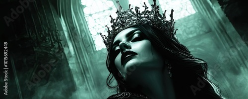 A mysterious queen adorned with a regal crown, set in a dark and atmospheric environment, exuding elegance and power.