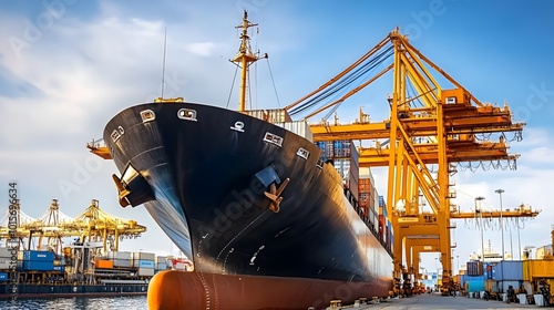 Large cargo ship anchored in harbor during port strike, surrounded by empty docks and cranes, symbolizing halted operations and economic impact