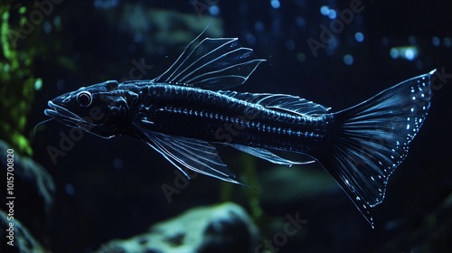 Glowing Black Dragonfish with Sharp Fins in Water