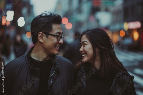 Happy Asian couple walking on the street at night in New York City