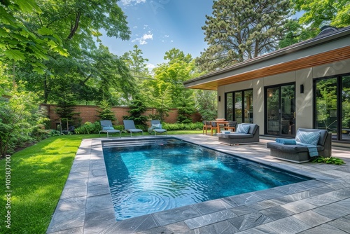 Charming small backyard featuring a blue rectangular swimming pool and green grass, patio furniture on stone pavers, and a tree-lined street on a beautiful summer day.