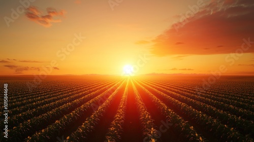 a bright sun rising over a field of solar farms, symbolizing renewable energy.