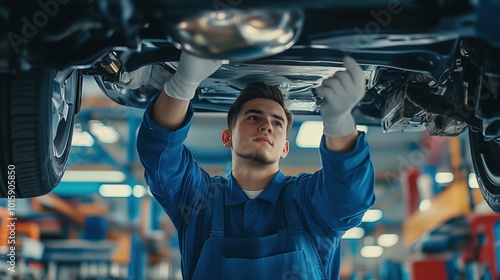 Young mechanic inspects the underbody of a car in a modern workshop, embodying professionalism and skill in the automotive industry.