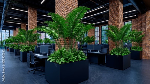 Modern office space featuring green plants in stylish planter boxes and contemporary design.