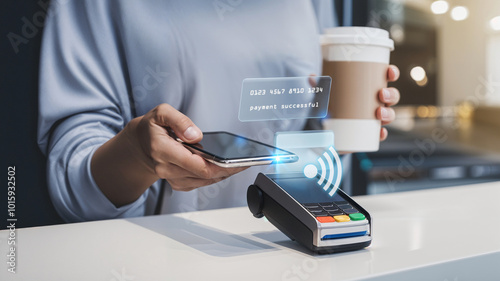 Payment transaction with smartphone and coffee cup on a counter.