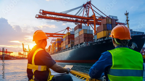 A bustling cargo port with massive cranes loading shipping containers onto a vessel, while workers in helmets and vests oversee the operation.