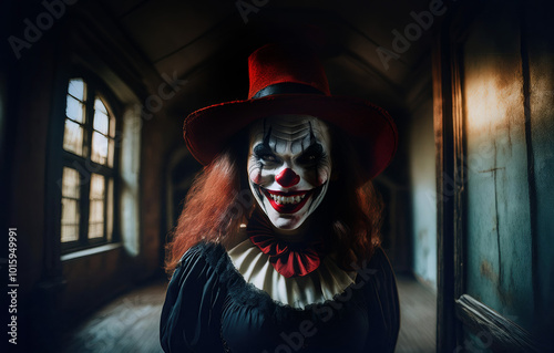 spooky evil female clown inside a haunted house