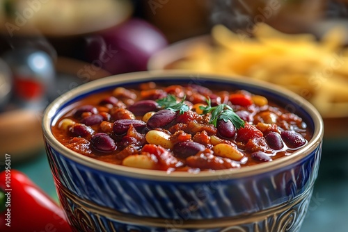 A bowl of chili with beans and cilantro