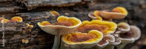 Colorful mushrooms growing on a log in natural habitat.