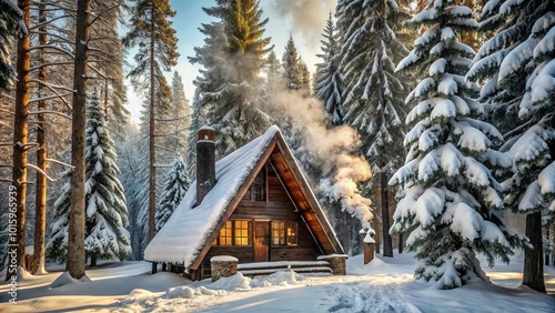 A rustic wooden cabin nestled amidst snow-laden evergreen trees, a plume of smoke rising from its chimney, signifying warmth and coziness in the heart of a winter wonderland.