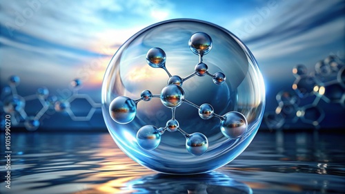 rendering of a molecule inside a water bubble, science, chemistry, molecular structure