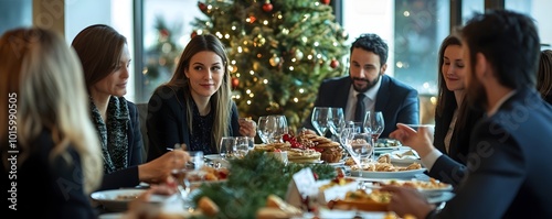 Festive Christmas Lunch Among Coworkers Enjoying Holiday Treats and Corporate Bonding