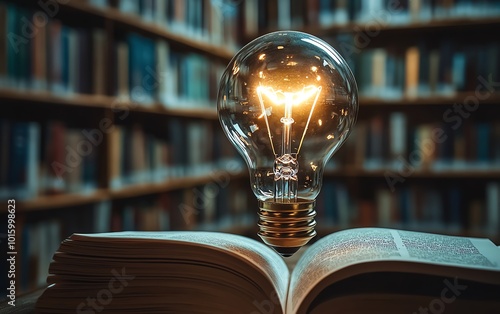 Ideas and knowledge theme with a bright light bulb at the center of a book circle, highlighting the connection between creativity and education