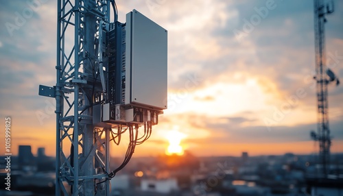 5G base station receiver mounted on a telecommunication tower, illustrating robust network connections and cuttingedge technology, high detail