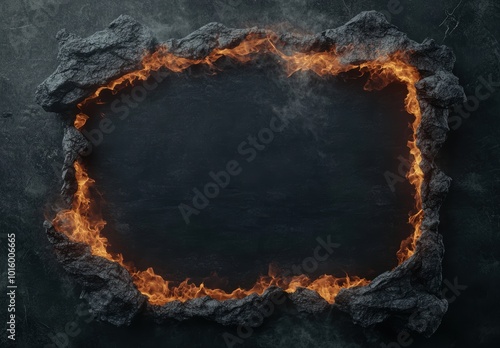 Fiery rocky frame with dark background