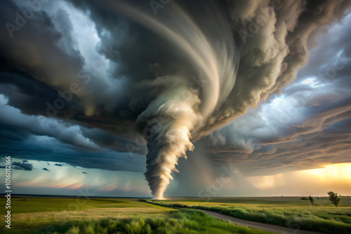 Oblique Shot of a Tornado, large tornado working its way across fields. 3D rendering