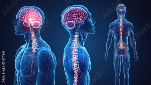 A medical representation of nervous system disorders, highlighting conditions like multiple sclerosis and Parkinson's disease, and their impact on nerve function.