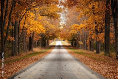 A long, quiet road is lined with vibrant orange leaves reflecting autumn's beauty and tranquility, creating a serene and picturesque landscape worth admiring.