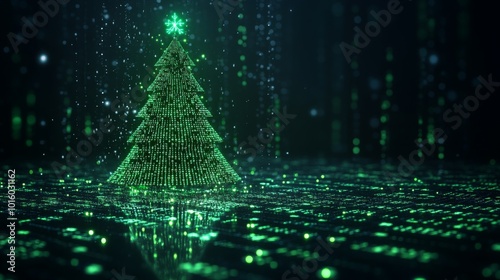 Neon green binary code Christmas tree glowing in a dark digital setting for the holidays