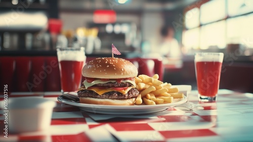 Enjoying a delicious cheeseburger with fries and soda in a retro diner setting during lunchtime