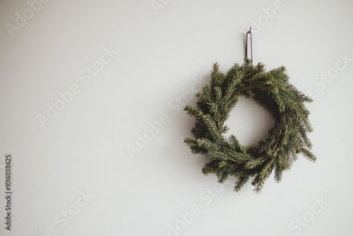 A classic evergreen wreath hangs gracefully on a plain backdrop, offering a sense of calm and tradition through its lush foliage and artisanal construction.