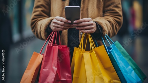 A person holding a smartphone while carrying colorful shopping bags in a vibrant shopping area.