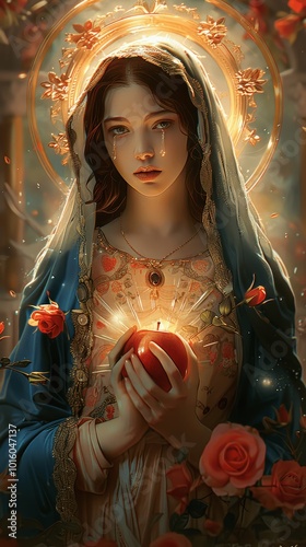 Mother Mary with Radiant Heart and Roses in Halo, Holding Apple