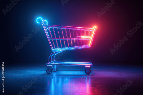 Metal shopping cart with neon glow on dark background. Shopping concept, online shopping and black friday.