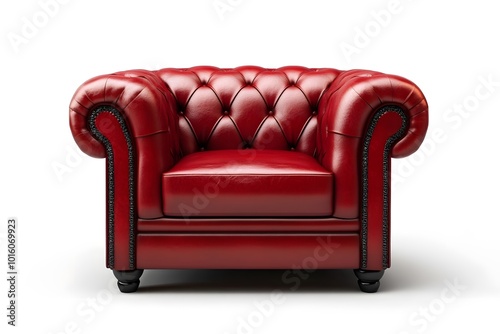 Red Leather Chesterfield Armchair Isolated on White Background