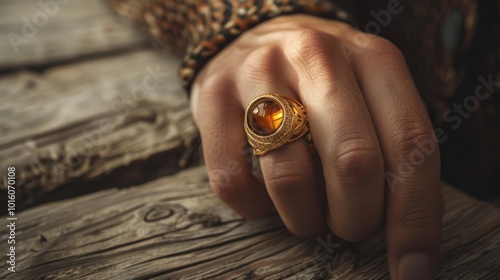 A Close-Up of a Man's Hand Wearing a Gold Ring with an Amber Gemstone