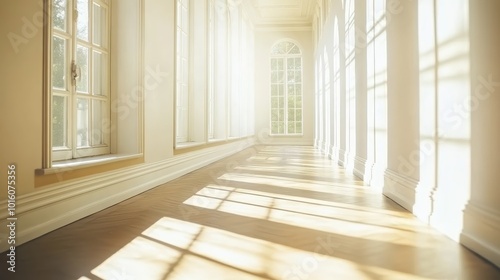 Serene sunlit classical corridor with wooden floor large windows