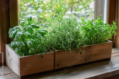 Fresh indoor herb garden on windowsill natural background