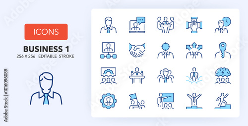 Line icons about business people and corporate management. Contains such icons as leader, handshake, teamwork and more. 256x256 Pixel Perfect editable in two colors. Set 1 of 2