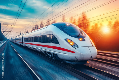 A high speed train traveling down the tracks at sunset