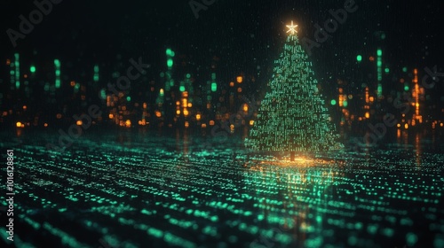 A mesmerizing Christmas tree constructed from neon green binary code glowing in a digital landscape