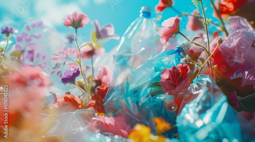 Plastic bottles interlaced with colorful blossoms highlight the intersection of beauty and waste under a bright sky.