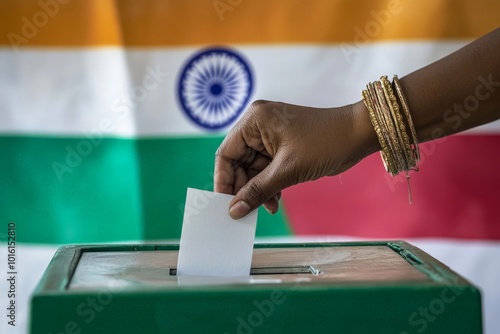 A symbolic image of a person casting a vote into a ballot box against the backdrop of the Indian flag, highlighting the principles of democracy and civic responsibility.