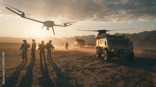 Soldiers and a drone operating at dusk in the desert create a striking image of modern warfare and technology integration.