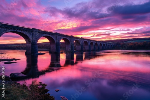 A magnificent pink sunset reflects off calm waters beneath a historic viaduct bridge, framed by lush greenery, creating a captivating and serene landscape.