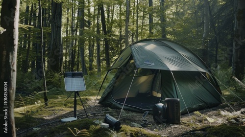 A green tent and solar panel coexist in a sun-drenched forest, highlighting sustainability and outdoor comfort seamlessly integrated.