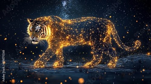 A golden neon tiger prowls across a cosmic digital landscape, its glow and polygonal design highlighting the fusion of nature, creativity, and futuristic aesthetics.