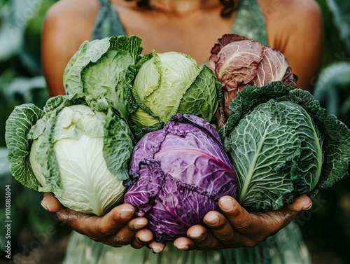 Smiling Person Holding an Assortment of Fresh Organic Cabbages in a Lush Garden Setting.