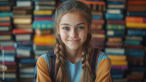 Young woman student in library, preparing for exam.